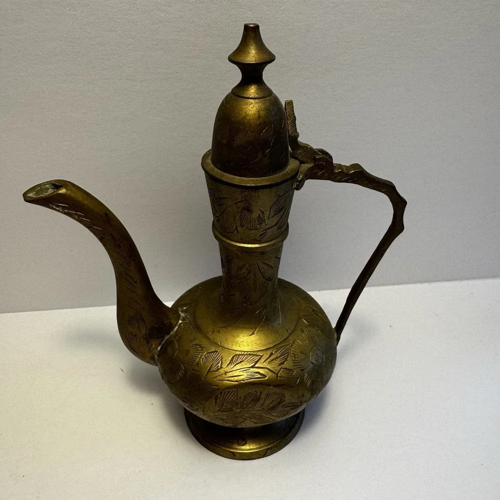 Vintage Mini‎ Brass Genie Oil Pitcher Etched Lid Decanter 6